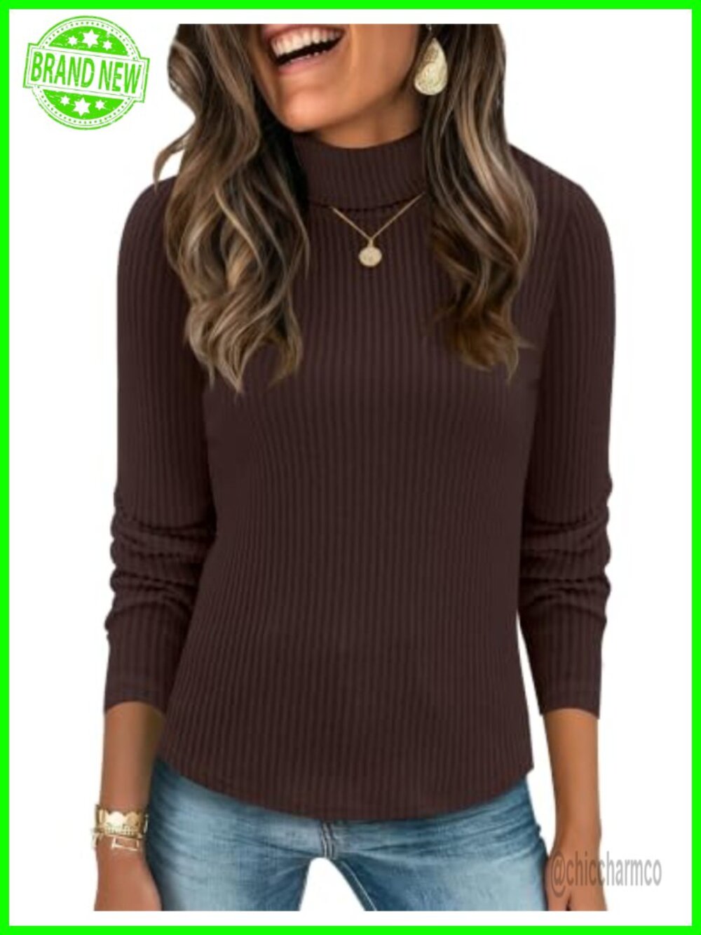 Women's Turtleneck Sweater Ribbed Knit Long Sleeve Pullover Top